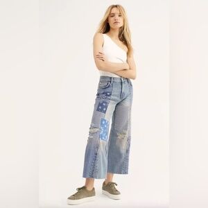 Free People Heart Of Gold Jean Wide Leg Bandana Patched Crop Distressed